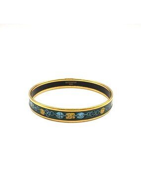 Hermes Enamel PM Metal Green Gold Bangle Bracelet